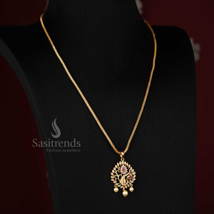 Designer one gram micro gold plated multi colour dancing peacock pendant with stay flat chain necklace for women, offering cultural elegance and festive charm – Sasitrends