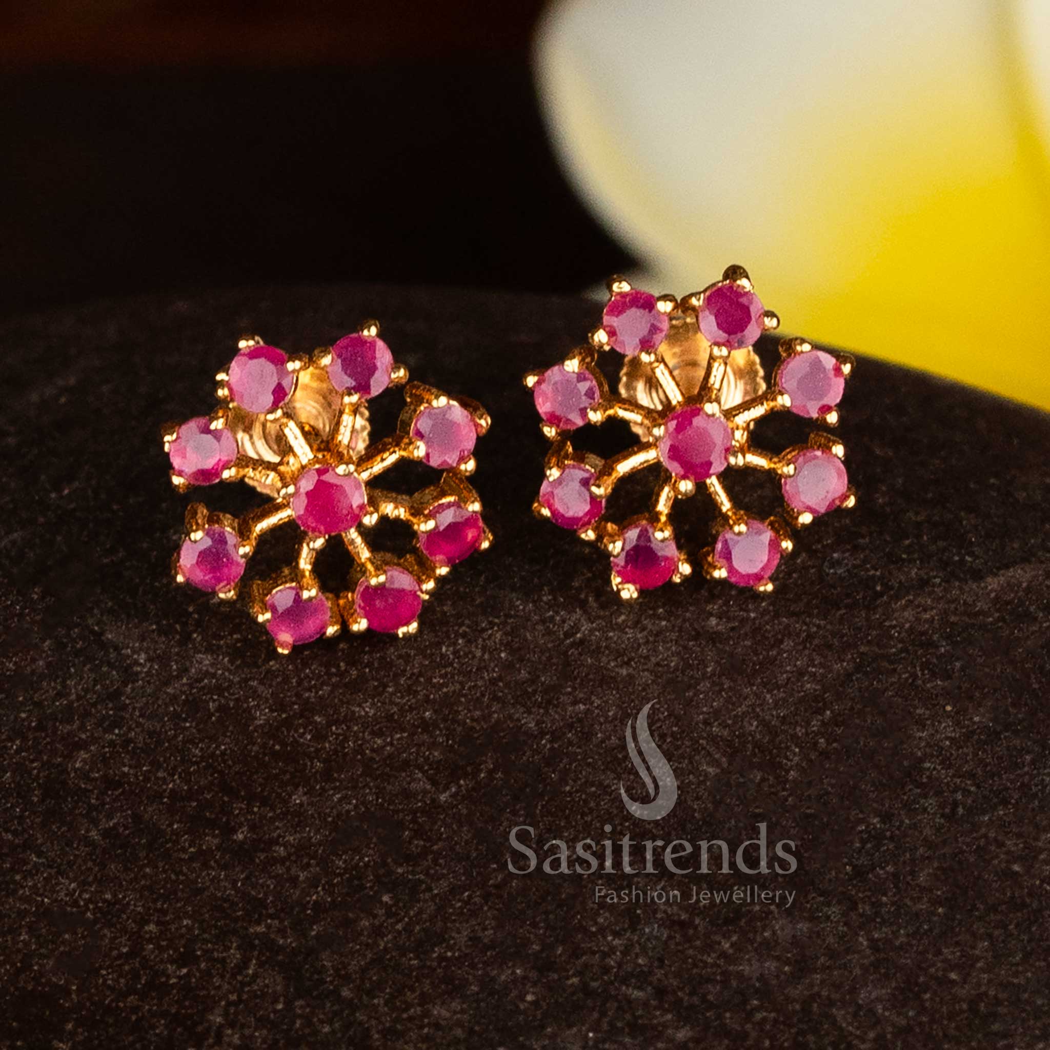 Regal ruby one gram micro gold plated floral AD screw stud earrings for cultural - luxury jewellery - Sasitrends