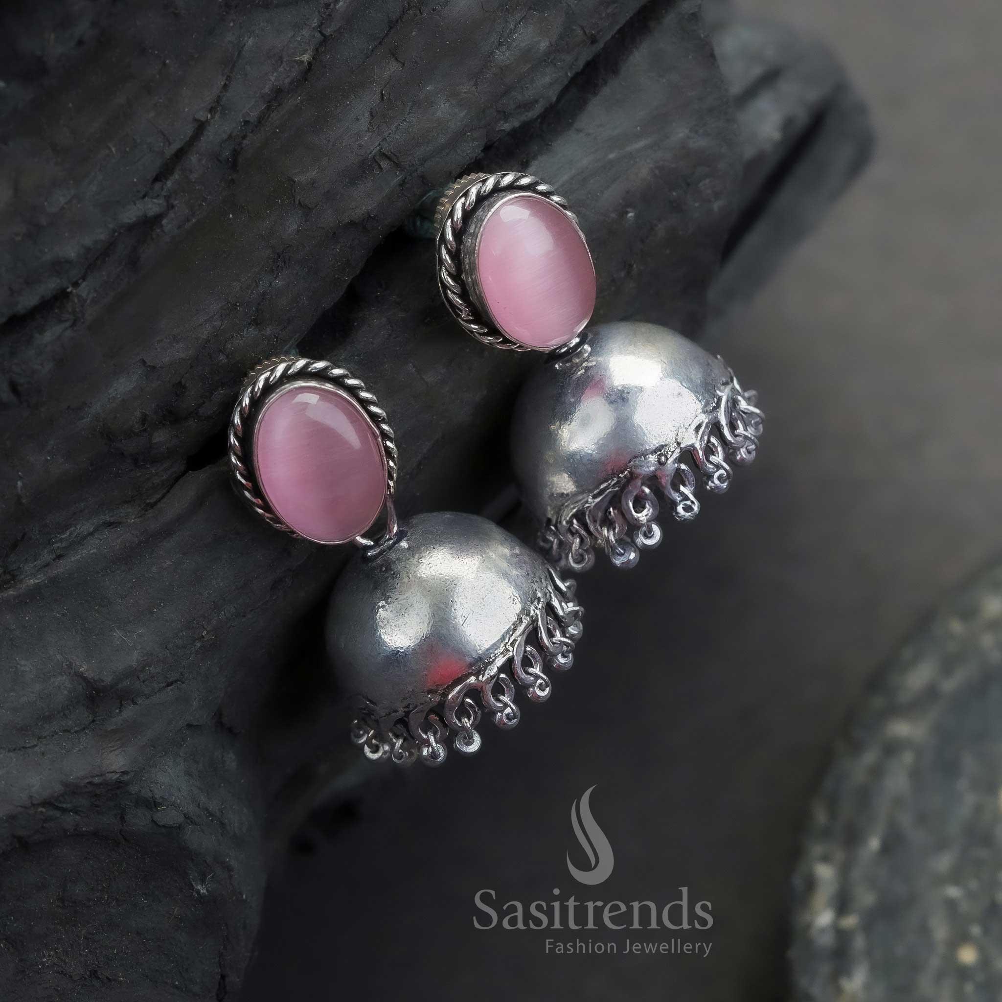 Trendy Traditional Oxidized German Silver Jhumka Earrings with Oval Monalisa Stone | Sasitrends - Sasitrends