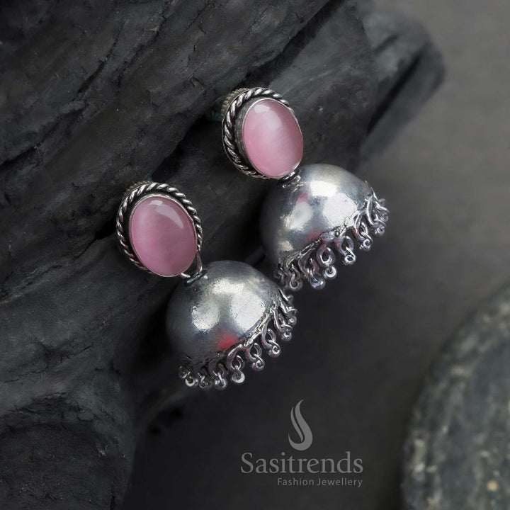 Trendy Traditional Oxidized German Silver Jhumka Earrings with Oval Monalisa Stone | Sasitrends - Sasitrends