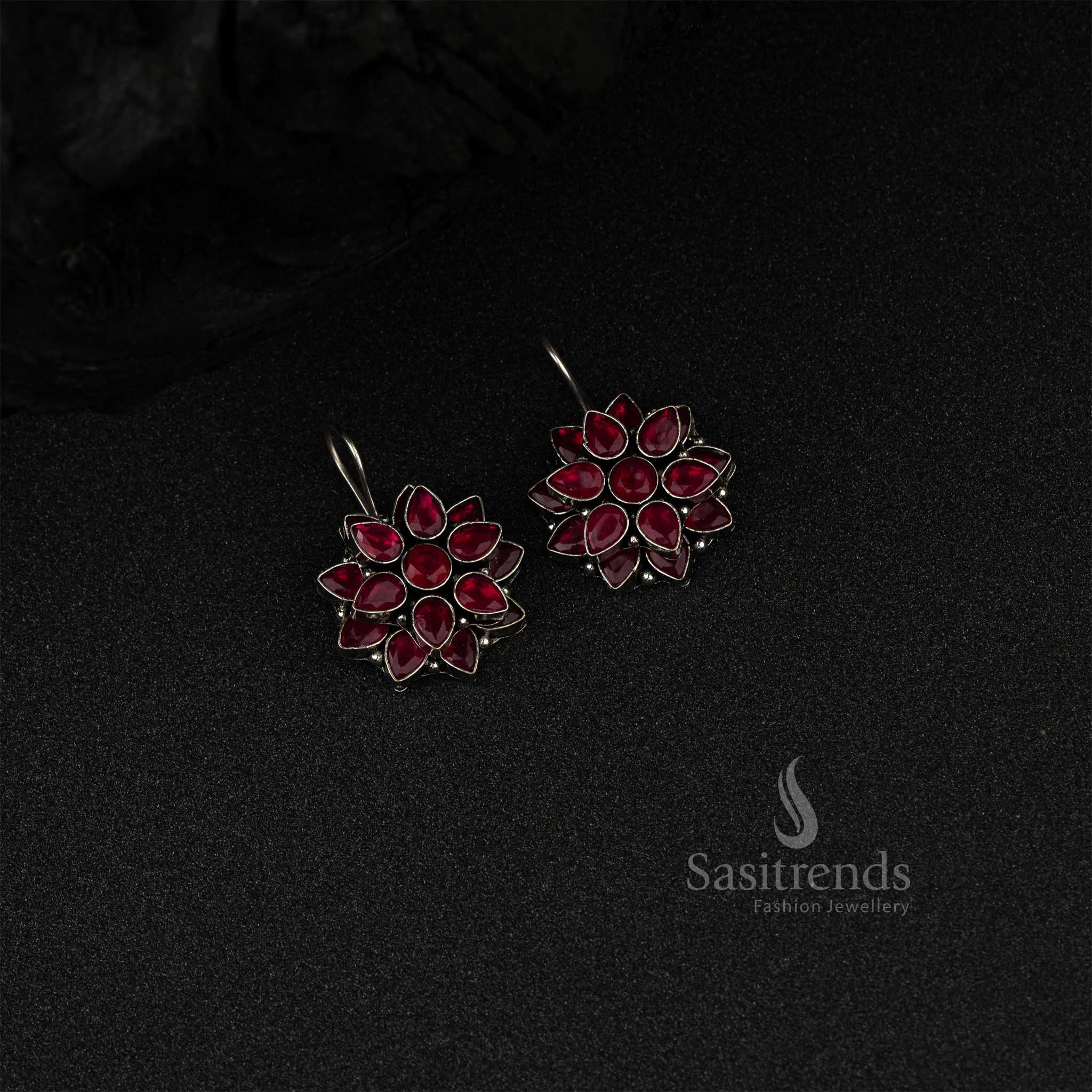 Traditional Oxidized German Silver Three AD Earrings