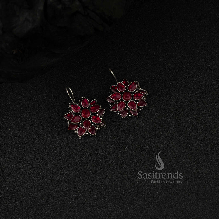 Traditional Oxidized German Silver Three AD Earrings