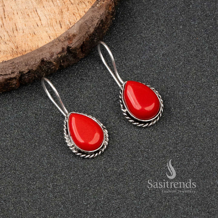 Traditional Oxidised German Silver Water Drop Monalisa Stone Earrings 