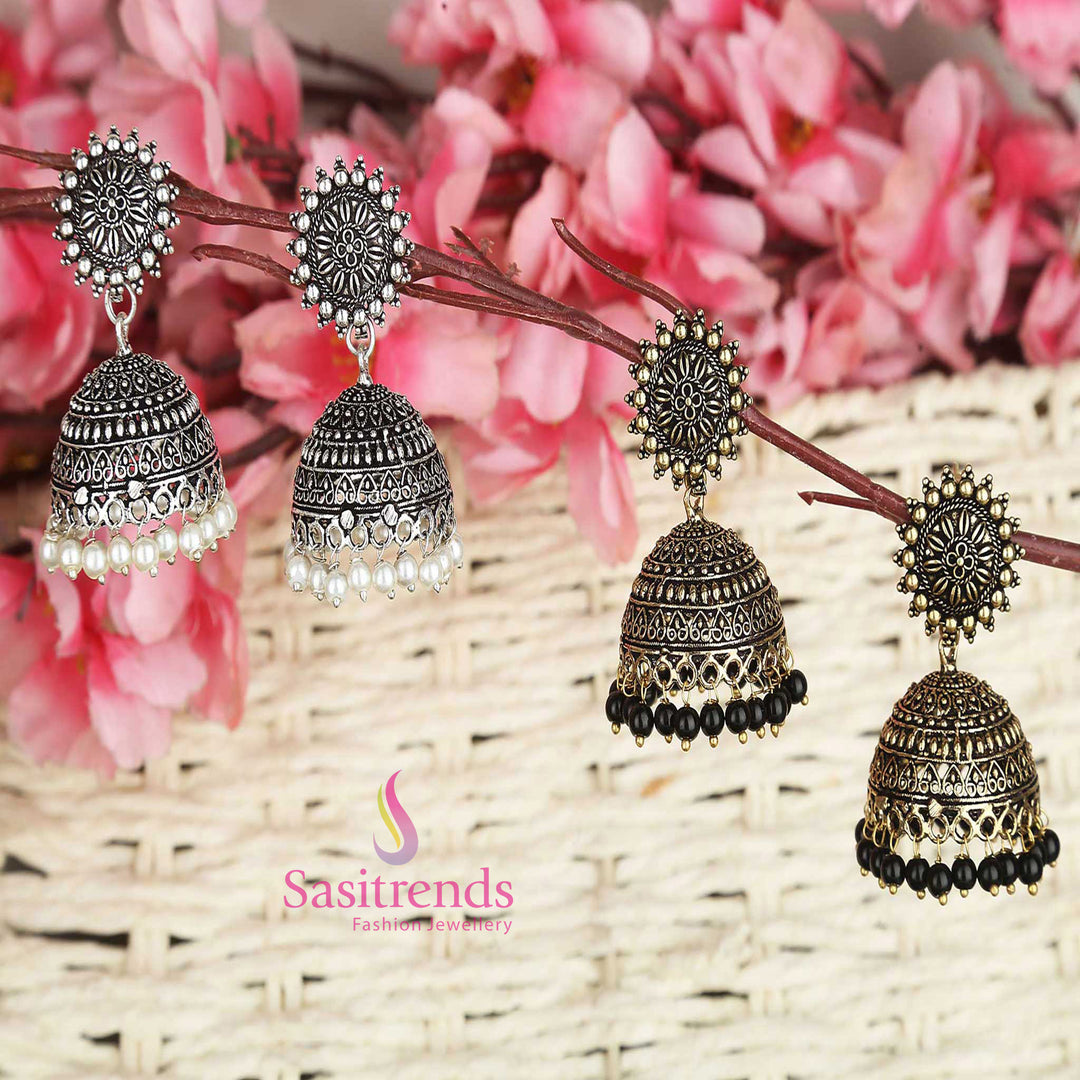 Latest Traditional Oxidized German Silver Combo Jhumka Set with Floral Motif and Hanging Pearls
