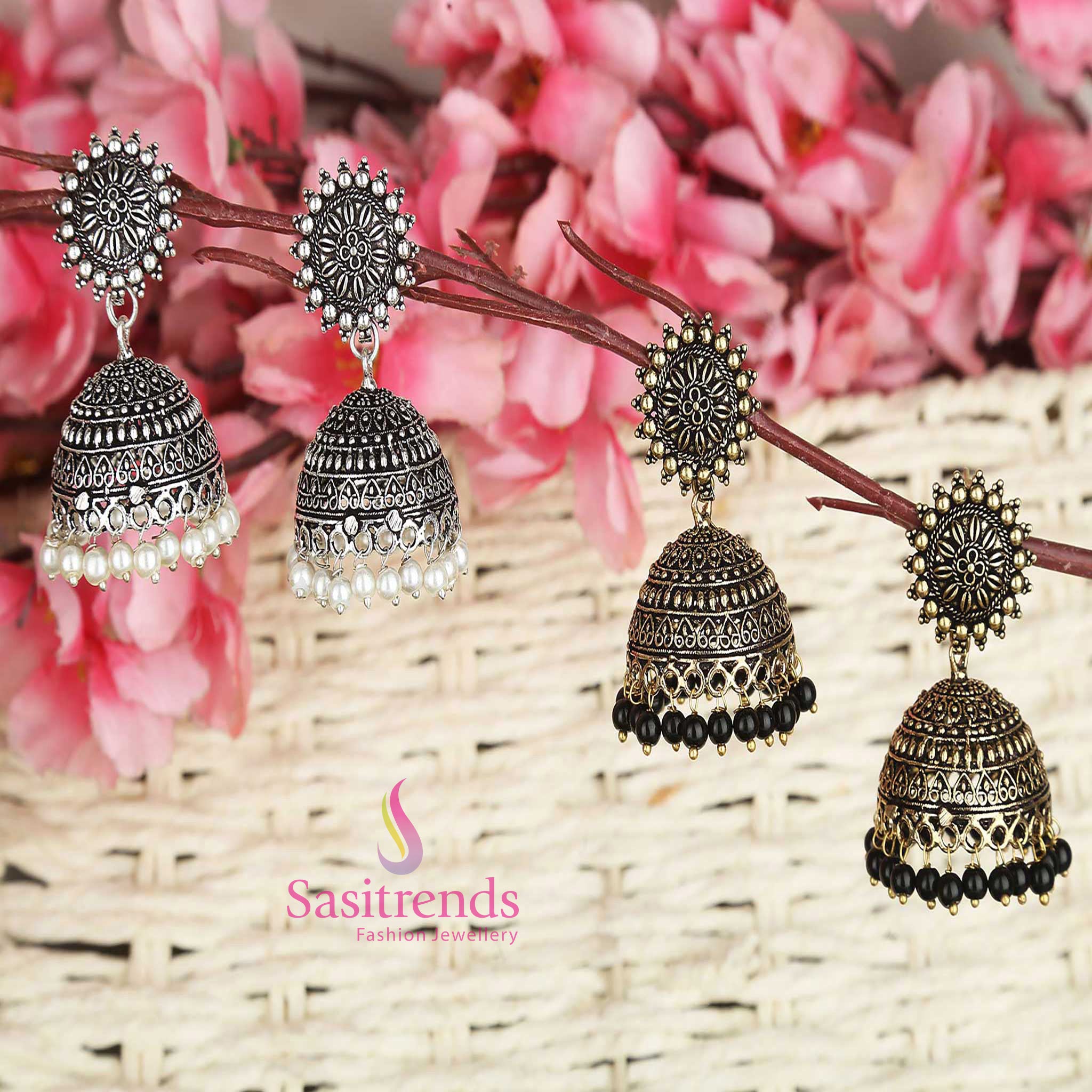 Latest Traditional Oxidized German Silver Combo Jhumka Set with Floral Motif and Hanging Pearls
