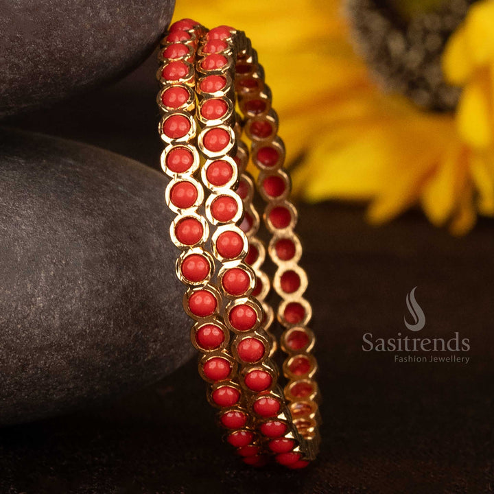 classic pavalam Addigai bangles featuring deep red kemp stones, temple motifs, and micro gold polish in a rich heritage traditional look – Sasitrends

