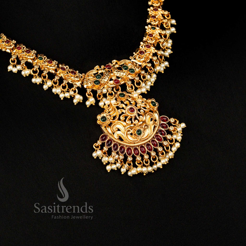 Handcrafted Peacock Matte Gold Plated Necklace Set With Floral Design And Ruby Green Jhumkas South Indian Jewellery – Sasitrends