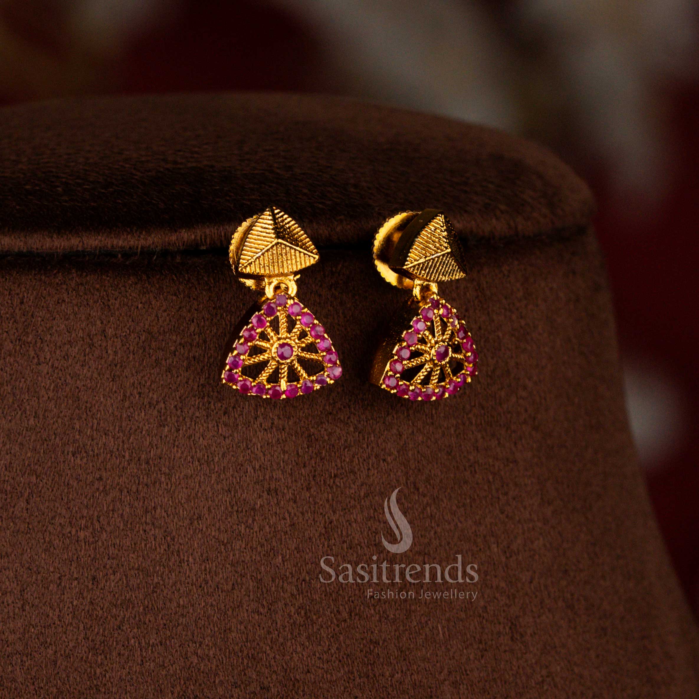 Ethnic temple style matte gold polished earrings featuring AD stone work in rich ruby colour festive design – Sasitrends