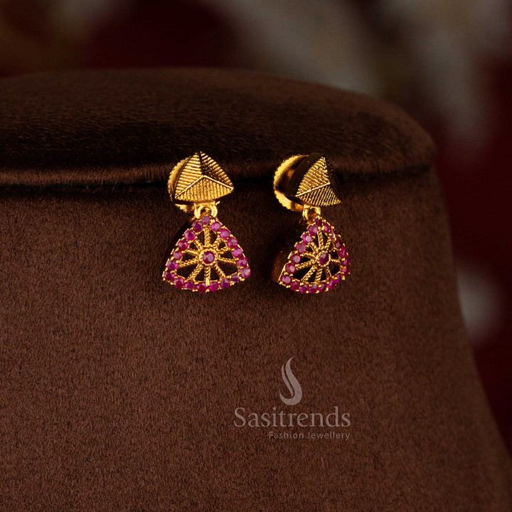 Ethnic temple style matte gold polished earrings featuring AD stone work in rich ruby colour festive design – Sasitrends