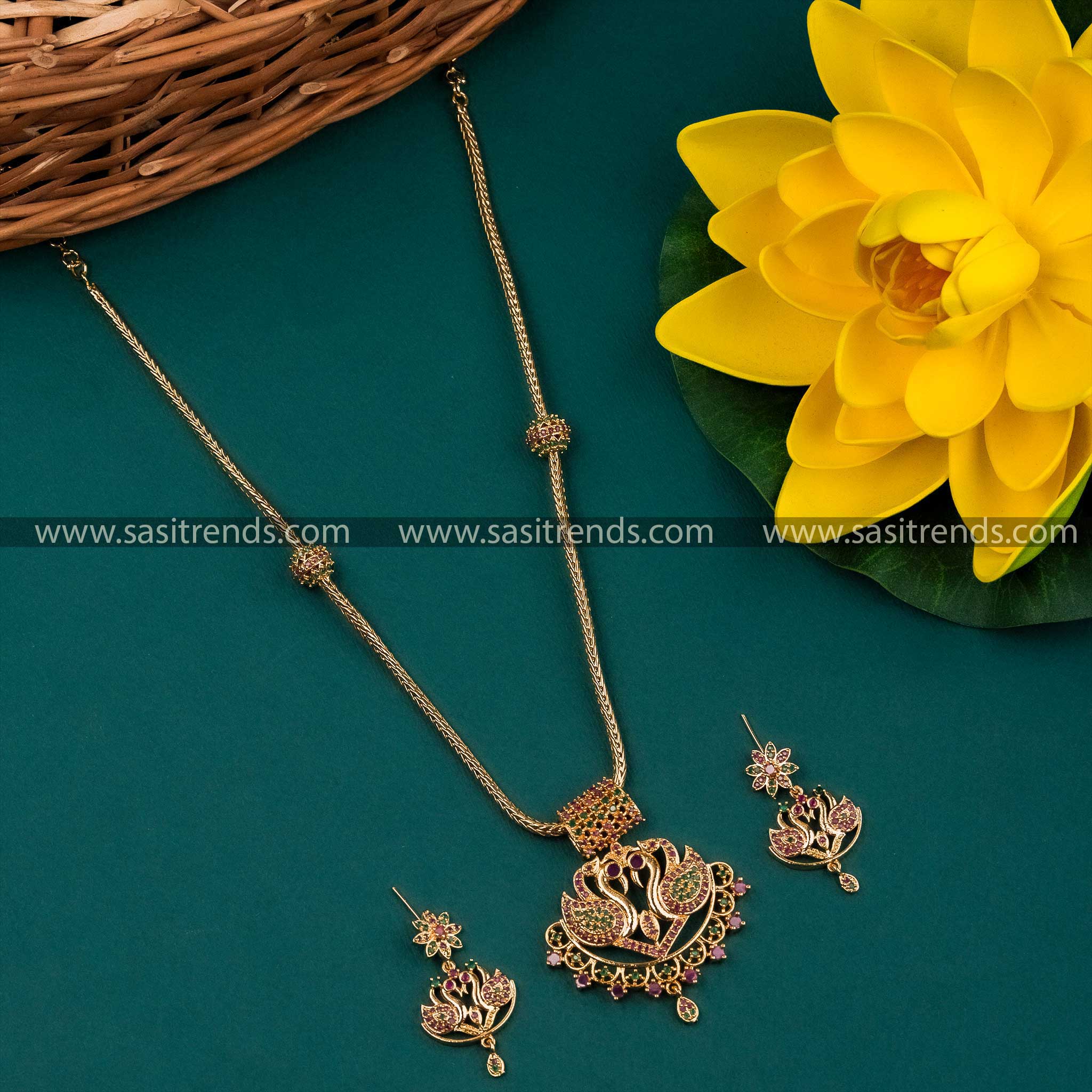 Micro Gold Plated Swan Pendant Necklace Set with AD Stones - Ruby Green Color