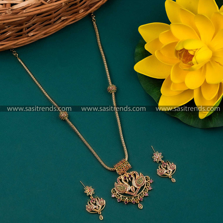 Micro Gold Plated Swan Pendant Necklace Set with AD Stones - Ruby Green Color