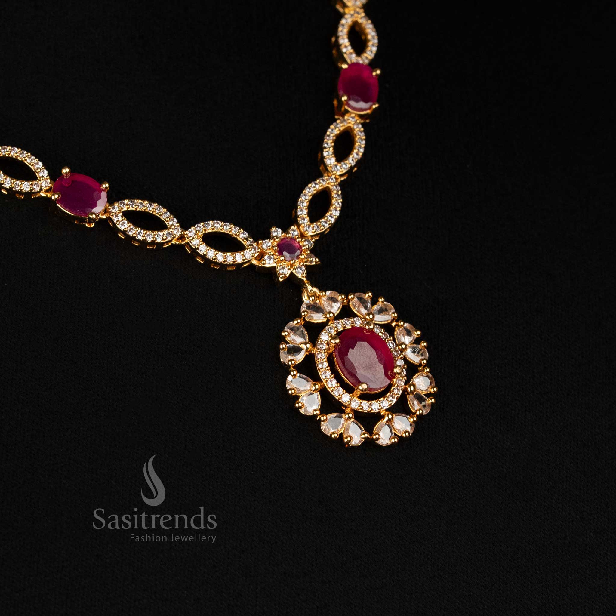 Grand Ruby Micro Gold Plated Infinity Loop And Floral Motif Necklace Set With American Diamond Accents Jewellery - Sasitrends