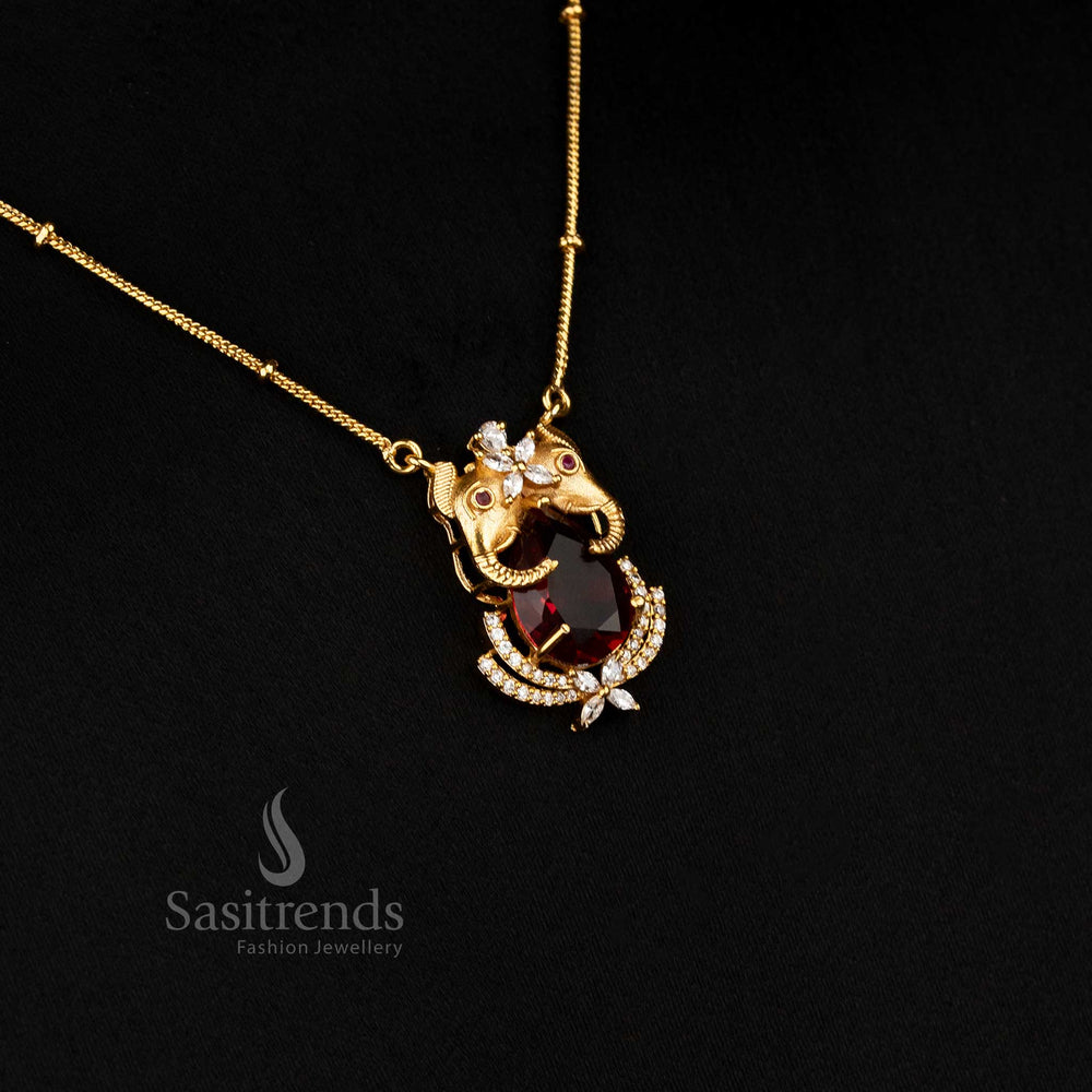Temple Matte Gold Plated Elephant Pendant Chain And Earrings Jewellery Red Colour Designed For Cultural Festive Wear By Sasitrends