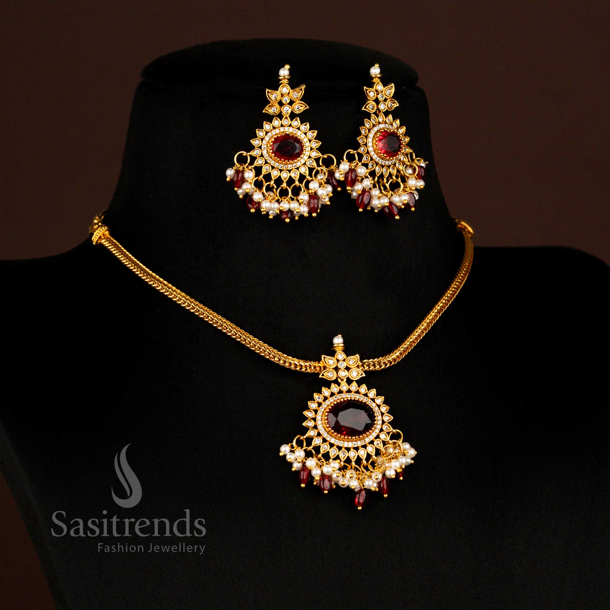 Gorgeous Temple Matte Gold Plated Maroon Oval Pendant Necklace Set With Pearl And Stone Beads Ideal For Ethnic And Party Occasions - Sasitrends