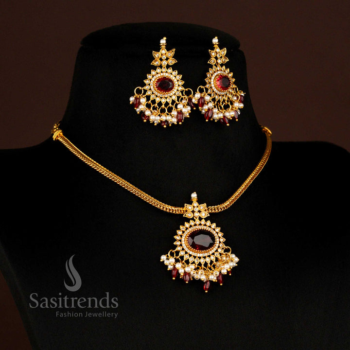 Gorgeous Temple Matte Gold Plated Maroon Oval Pendant Necklace Set With Pearl And Stone Beads Ideal For Ethnic And Party Occasions - Sasitrends