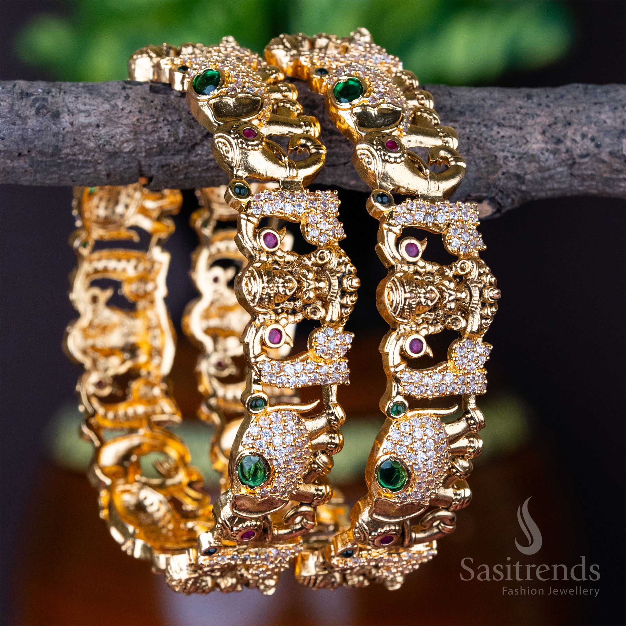 Traditional Matt Gold Plated Lakshmi Motif AD Stones Studded Bangles - Sasitrends