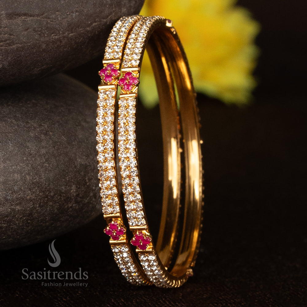 Antique-inspired Temple Style Micro Gold Plated Bangles in radiant White-Ruby colour, featuring shimmering Kemp stones, traditional carvings, and divine glow—ethnic jewellery masterpiece for temple festivities – Sasitrends