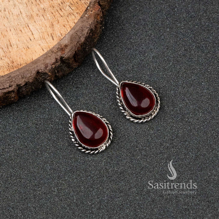 Traditional Wear Oxidised German Silver Water Drop Monalisa Stone Earrings 