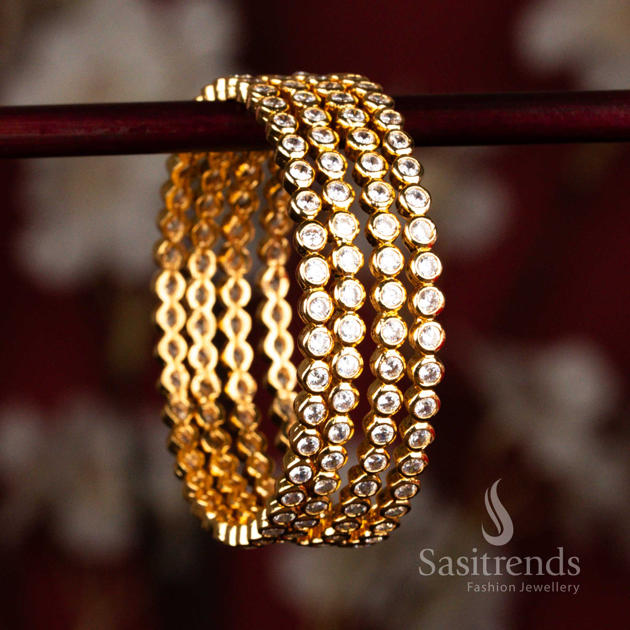 Elegant micro gold plated small round AD stone Addigai bangles designed in radiant white tone for graceful traditional wear – Sasitrends