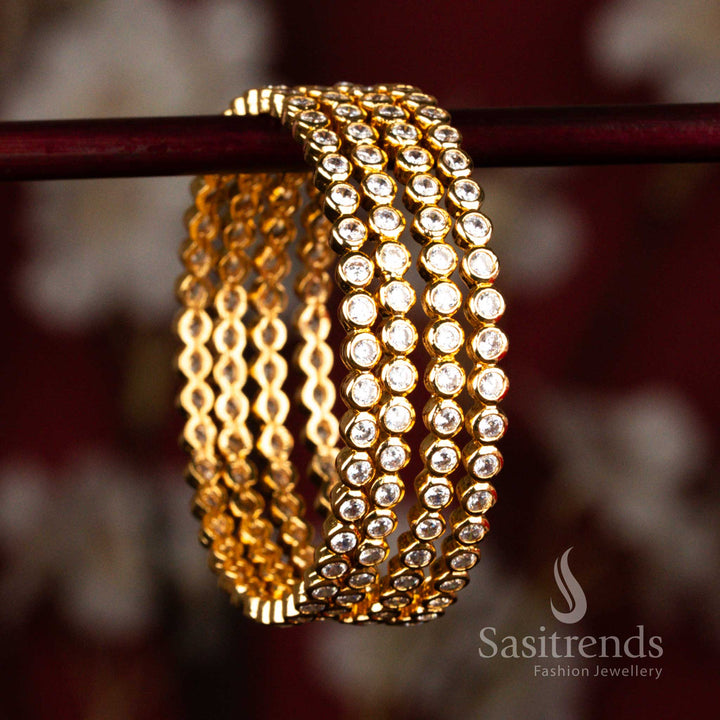 Elegant micro gold plated small round AD stone Addigai bangles designed in radiant white tone for graceful traditional wear – Sasitrends