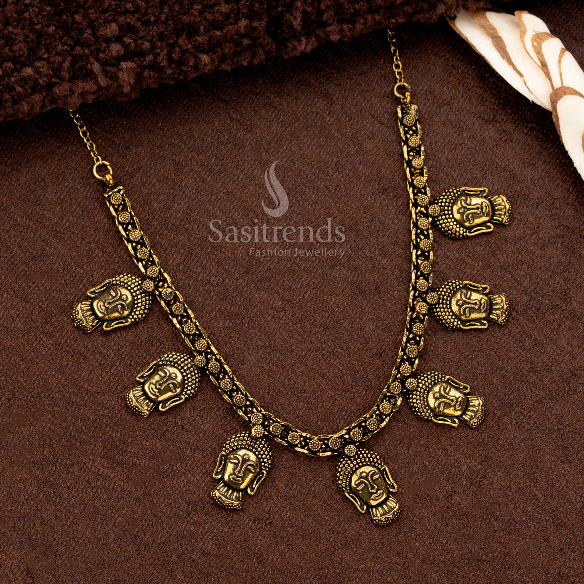Oxidised antique gold necklace with Buddha head motifs – Sasitrends