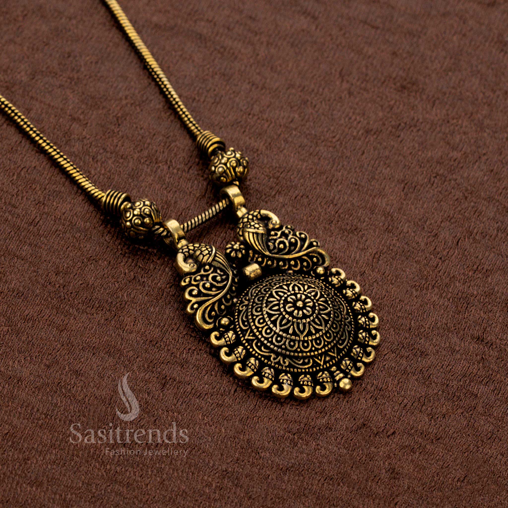 Antique Oxidised Peacock Pendant Necklace with Floral Design – Sasitrends