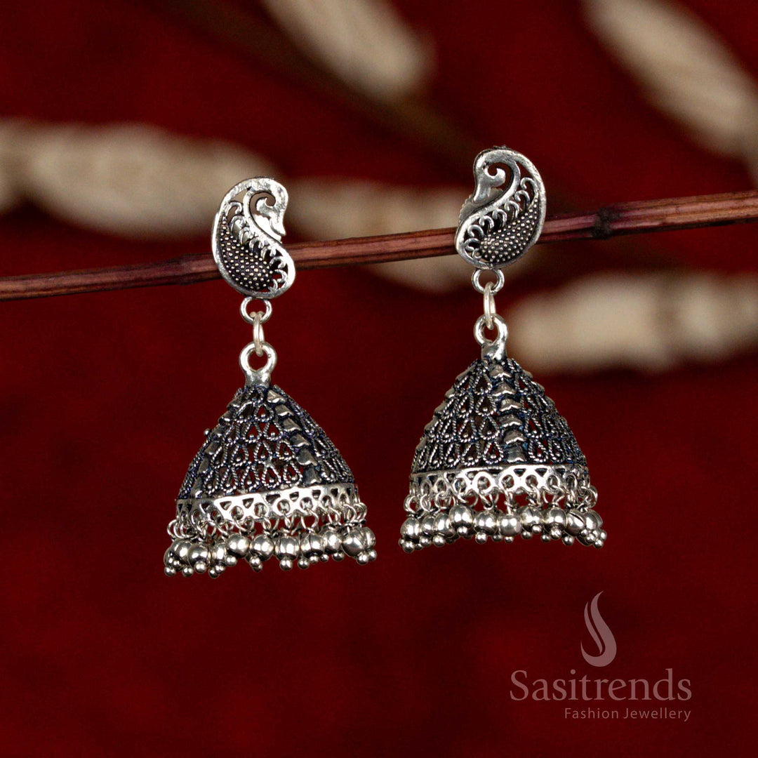 Oxidised German Silver Paisley Top Jhumka Earrings with Antique Finish - Sasitrends