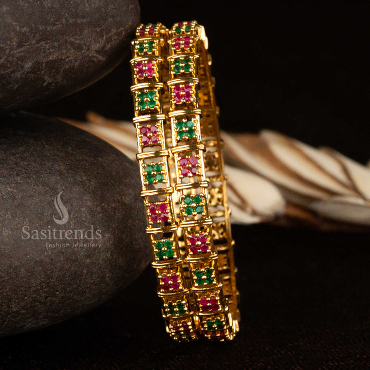 Ruby-green floral motif traditional micro gold plated bangles pair with American diamond detailing – a rich ethnic jewellery choice radiating festive glamour and timeless beauty by Sasitrends