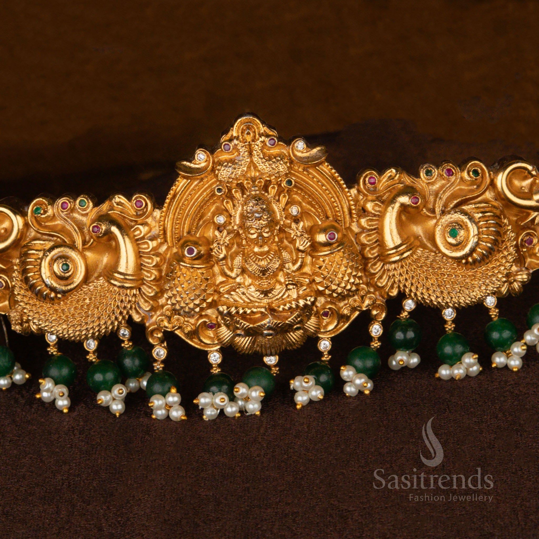 Premium Matte Gold Hip Belt with Lakshmi and Peacock Design – Sasitrends