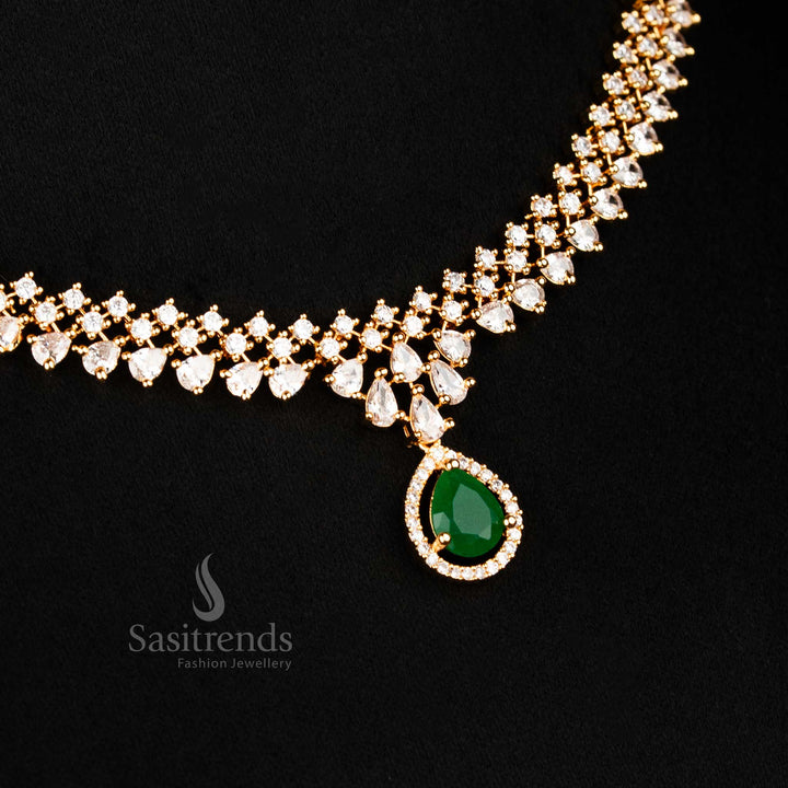 South Indian style micro gold necklace in white-green colour combination with cascading strands and bold teardrop pendant, sasitrends