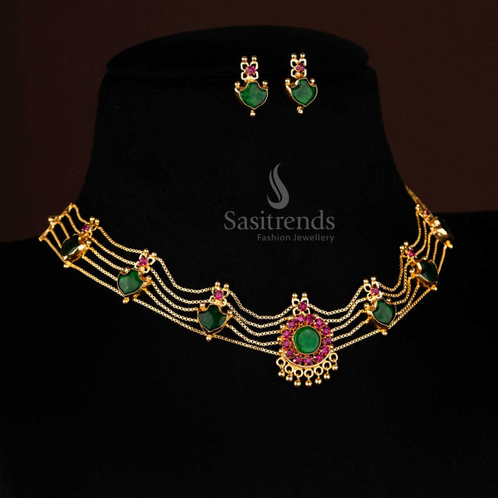 Exquisite one gram micro gold Palakka green stone earrings for matching choker necklace set with traditional style - Sasitrends