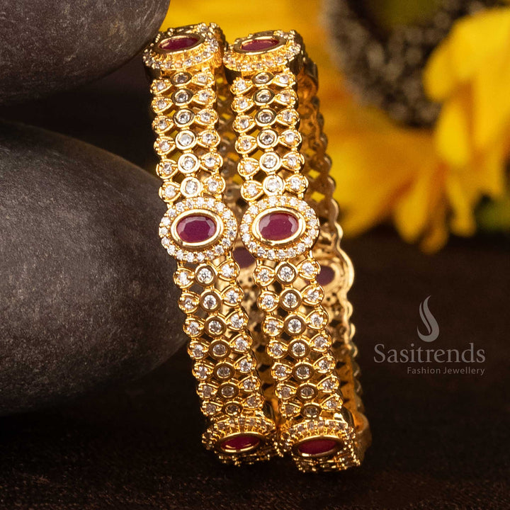 Elegant Micro Gold Plated American Diamond Studded Oval Center CZ Bangles For Festive Wear - Sasitrends