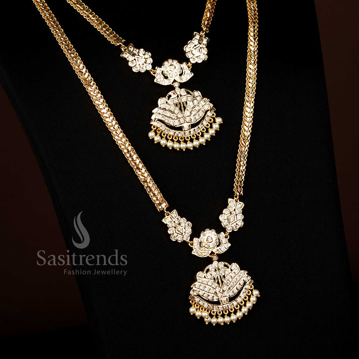 Royal micro gold Impon Lotus Padakam long short necklace combo with white stone embellishments for wedding and festive look - Sasitrends