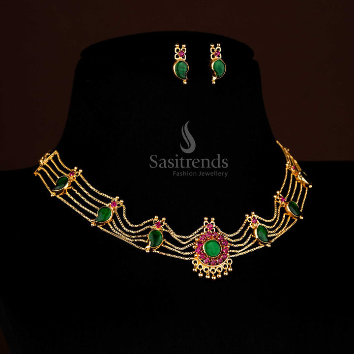 Premium one gram micro gold plated mango choker necklace jewellery set with bright orange stones for classic ethnic style - Sasitrends