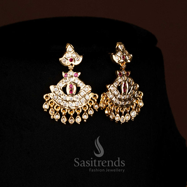 Radiant one gram micro gold Impon earrings with white and ruby stones for festive ethnic style - Sasitrends