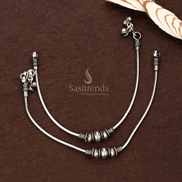 Oxidised German Silver Anklet with Tribal Center Beads and Threaded Antique Design – Traditional Payal for Saree Wear and Festive Looks - Sasitrends