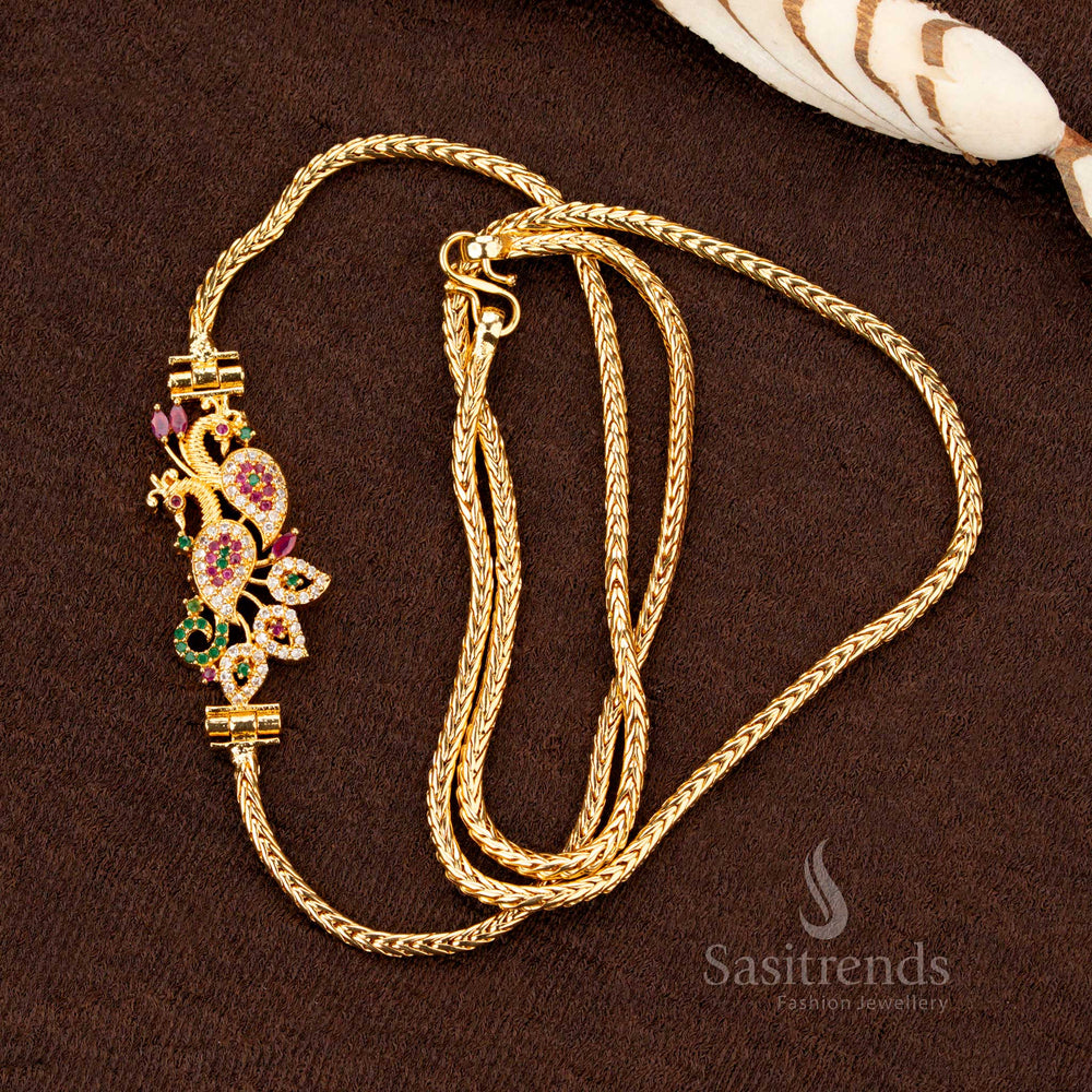 One Gram Peacock AD Stone Mugappu Chain for Traditional Wear