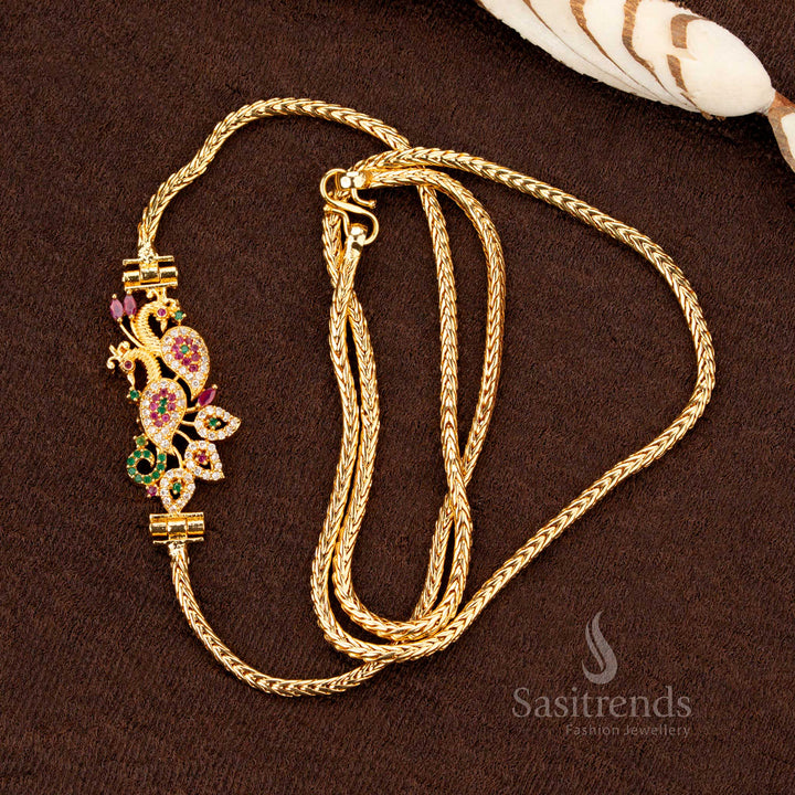 One Gram Peacock AD Stone Mugappu Chain for Traditional Wear