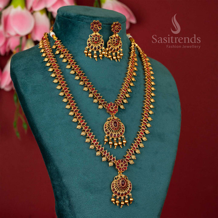 Classic matte gold plated temple flower necklace jewellery combo set with short haram and long haram in rich royal ruby red shade, radiating regal bridal beauty and festive charm – Sasitrends