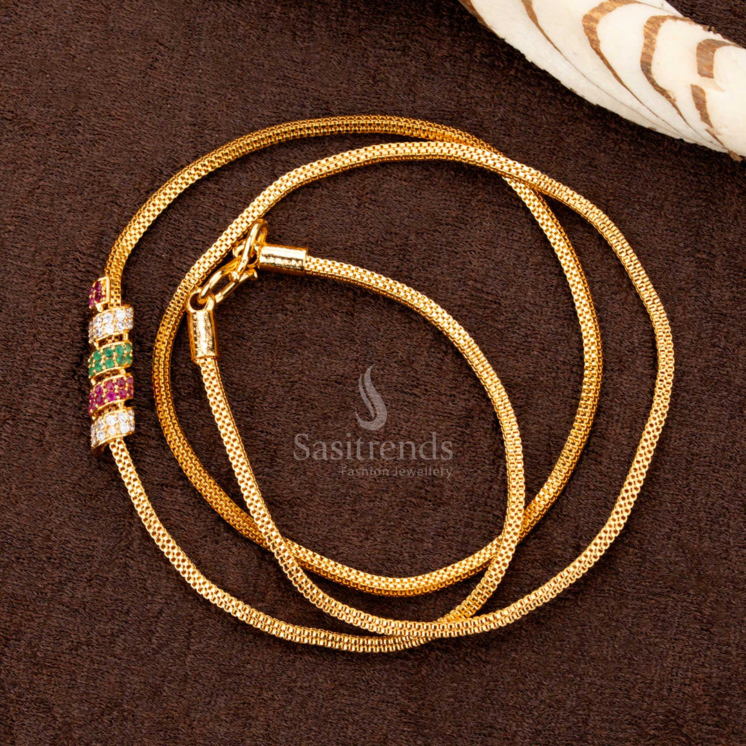 One Gram Micro Gold Plated 3-Layer Mugappu Chain with Multi-Color AD Stone  Barrel Beads – Traditional Wear Chain for Sarees Sasitrends