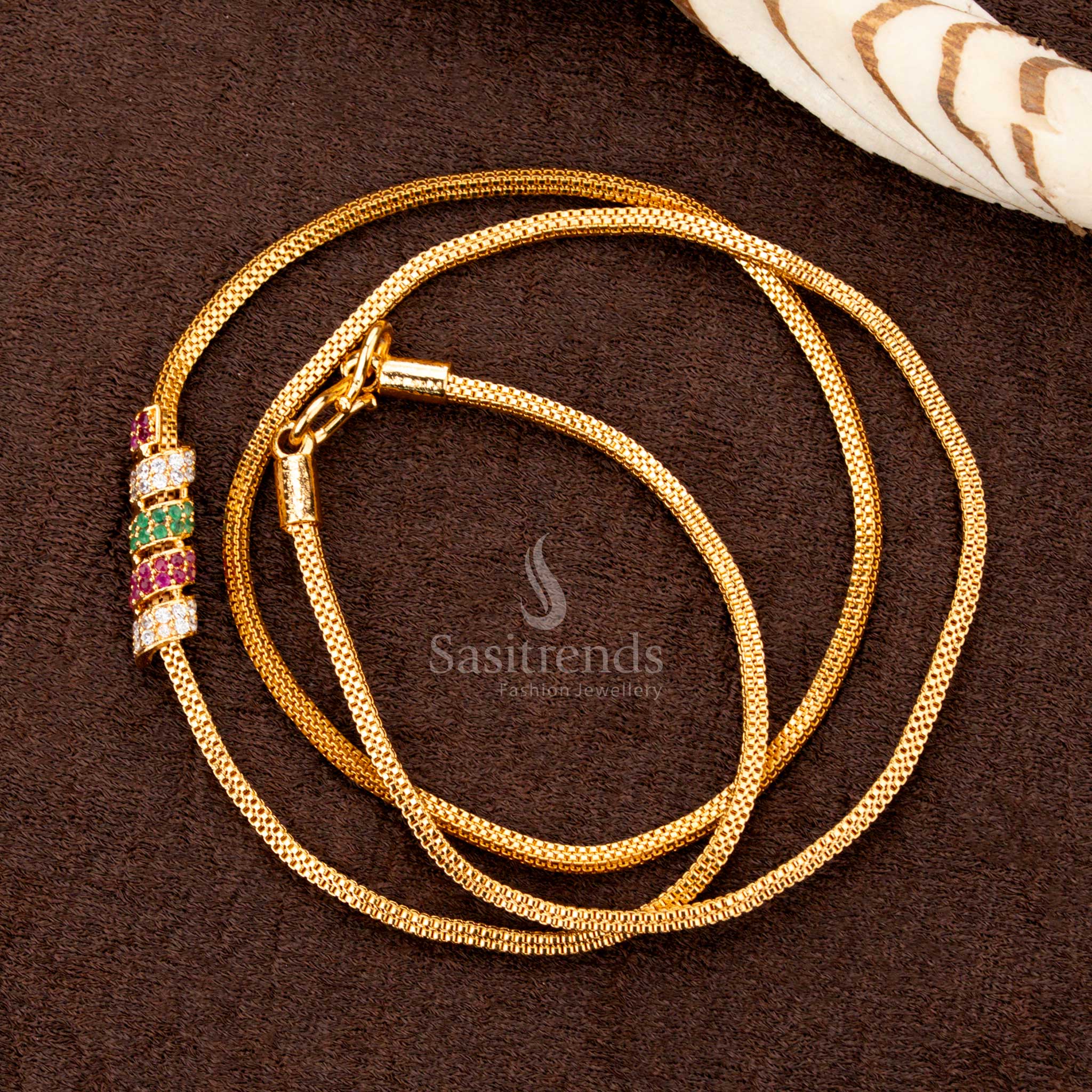 24 Carat Micro Gold Plated Mugappu chain featuring red, green, and white AD stones – Sasitrends