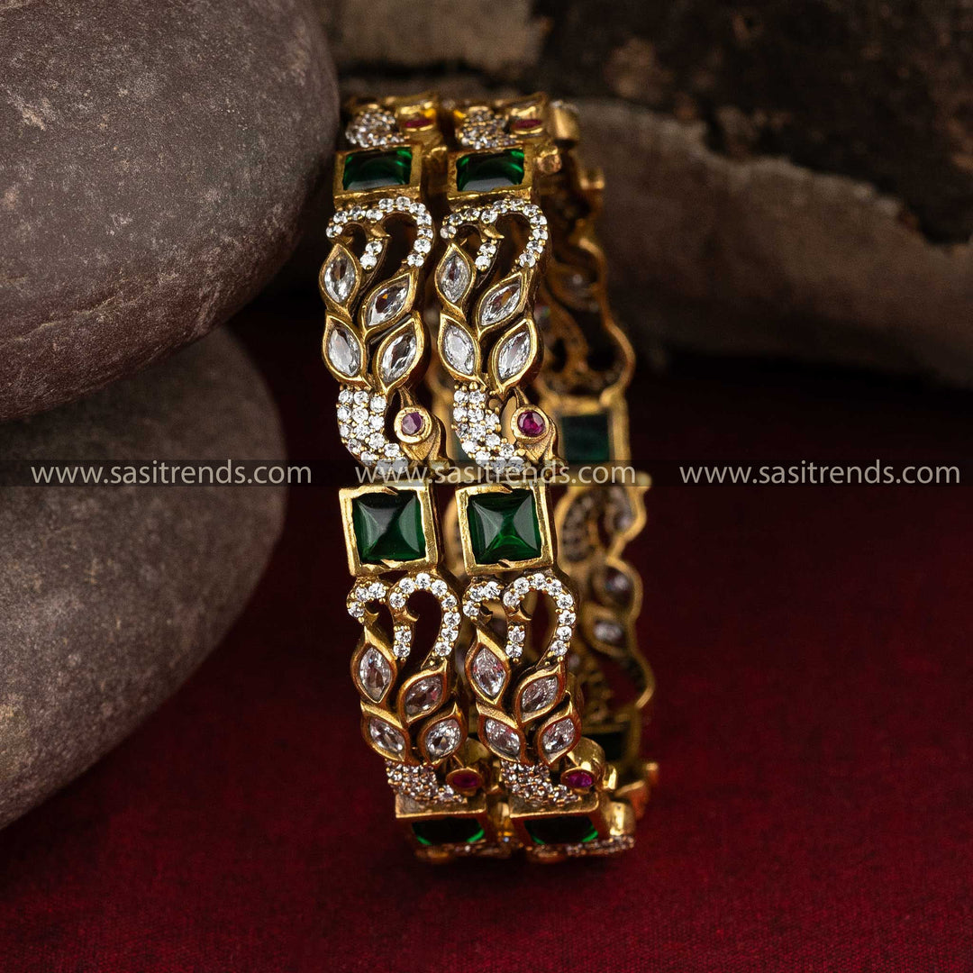 Traditional Victorian Plated AD Stone Bangles with Peacock Motifs