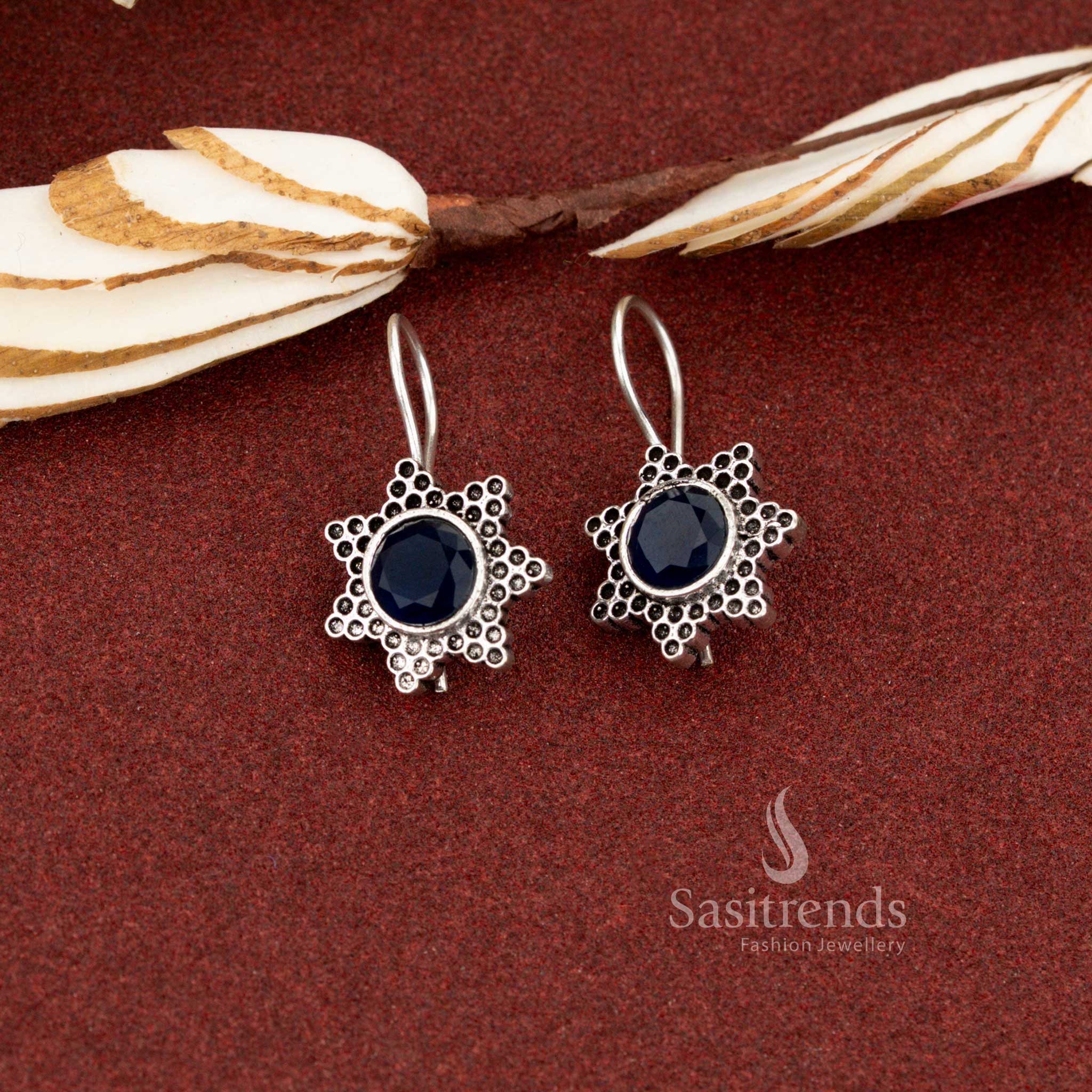 Serene blue oxidised silver plated star flower drop earrings designed for daily wear, office styling, and casual elegance – Sasitrends