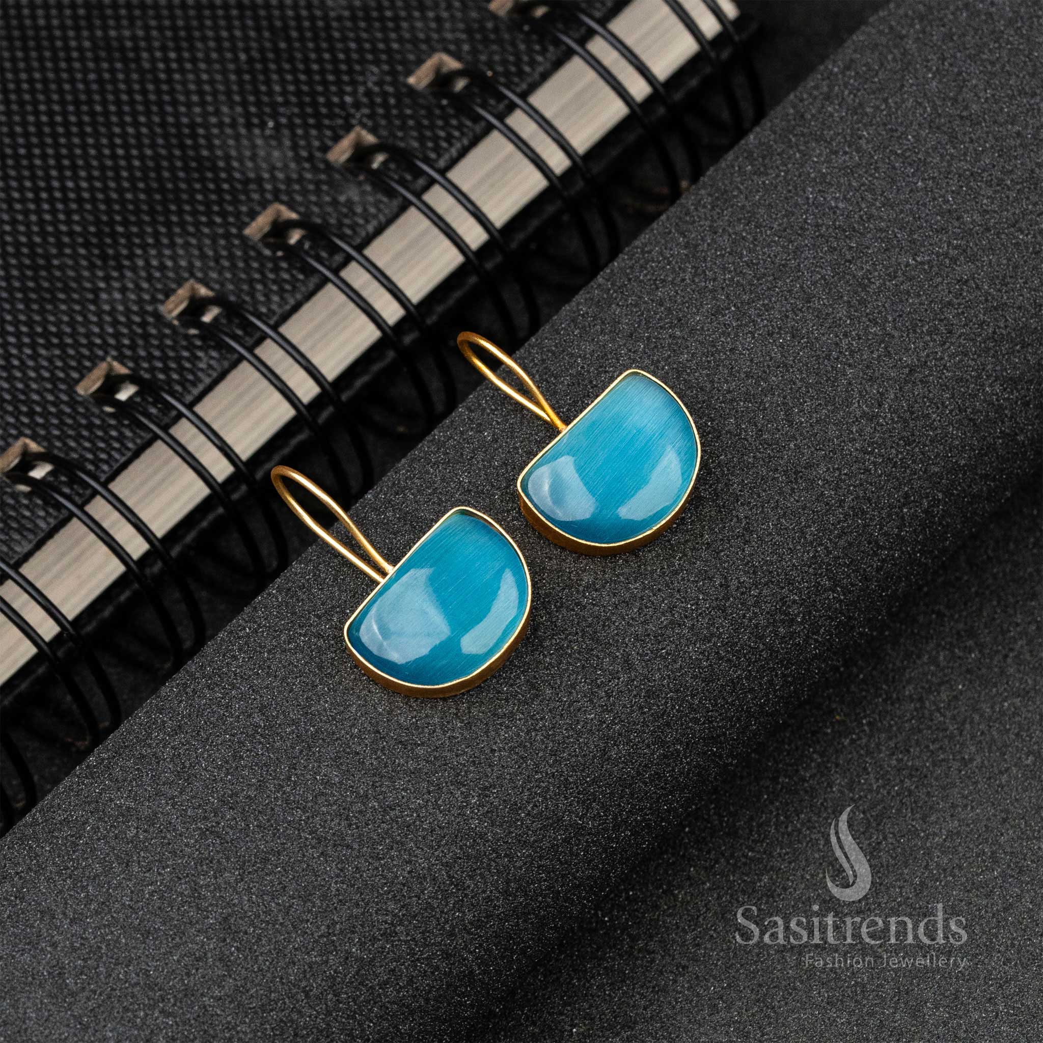 Trendy Brass Material Gold Plated Sky Blue Monalisa Stone Fish Hook Earrings 