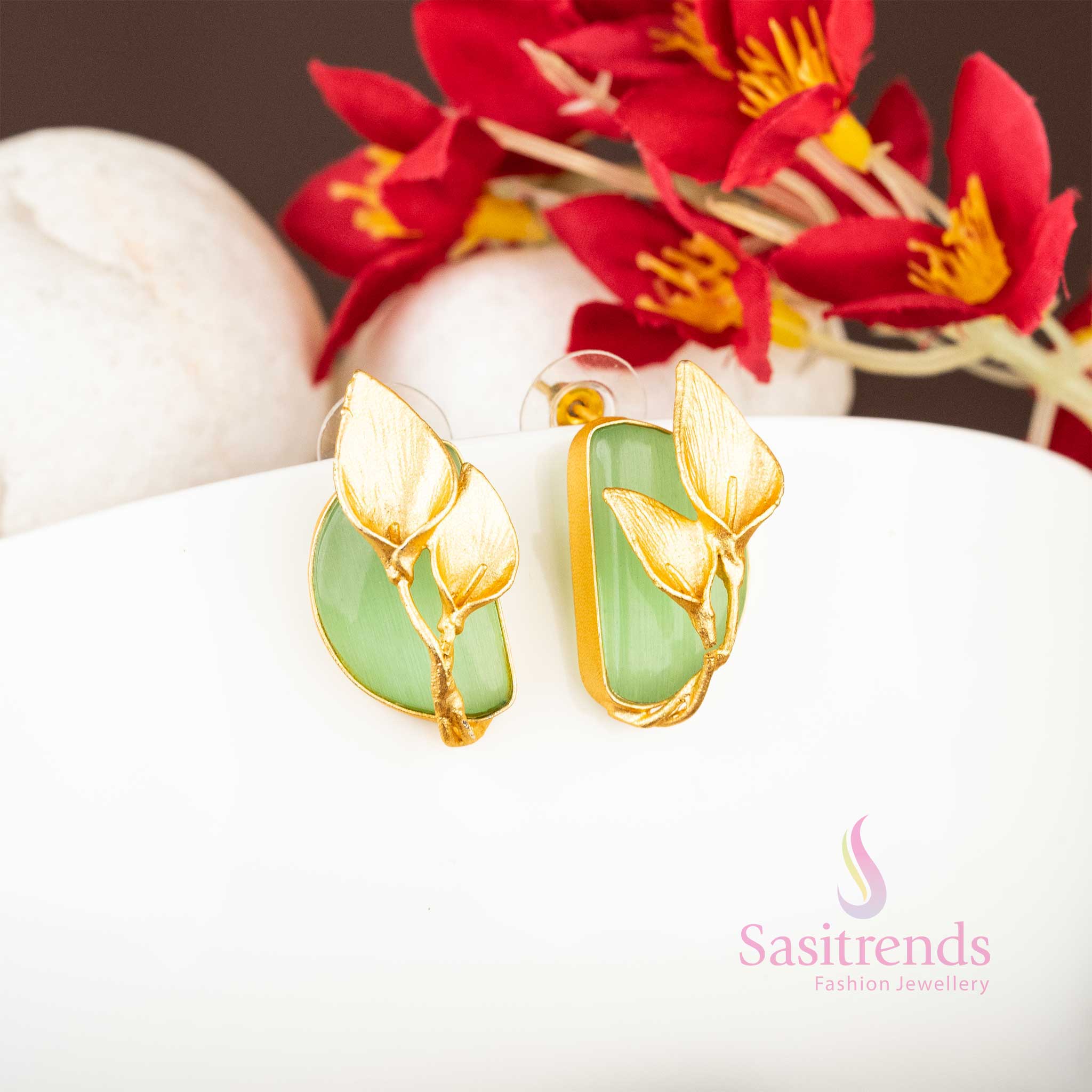 Trendy Elegance Gold Plated Push Back Leaf Pattern Green Stone Studded Earrings Sasitrends 