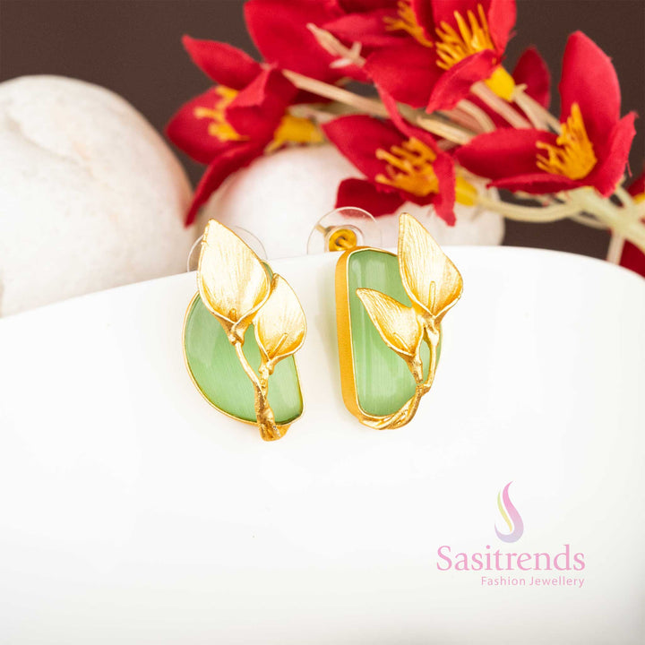 Trendy Elegance Gold Plated Push Back Leaf Pattern Green Stone Studded Earrings Sasitrends 