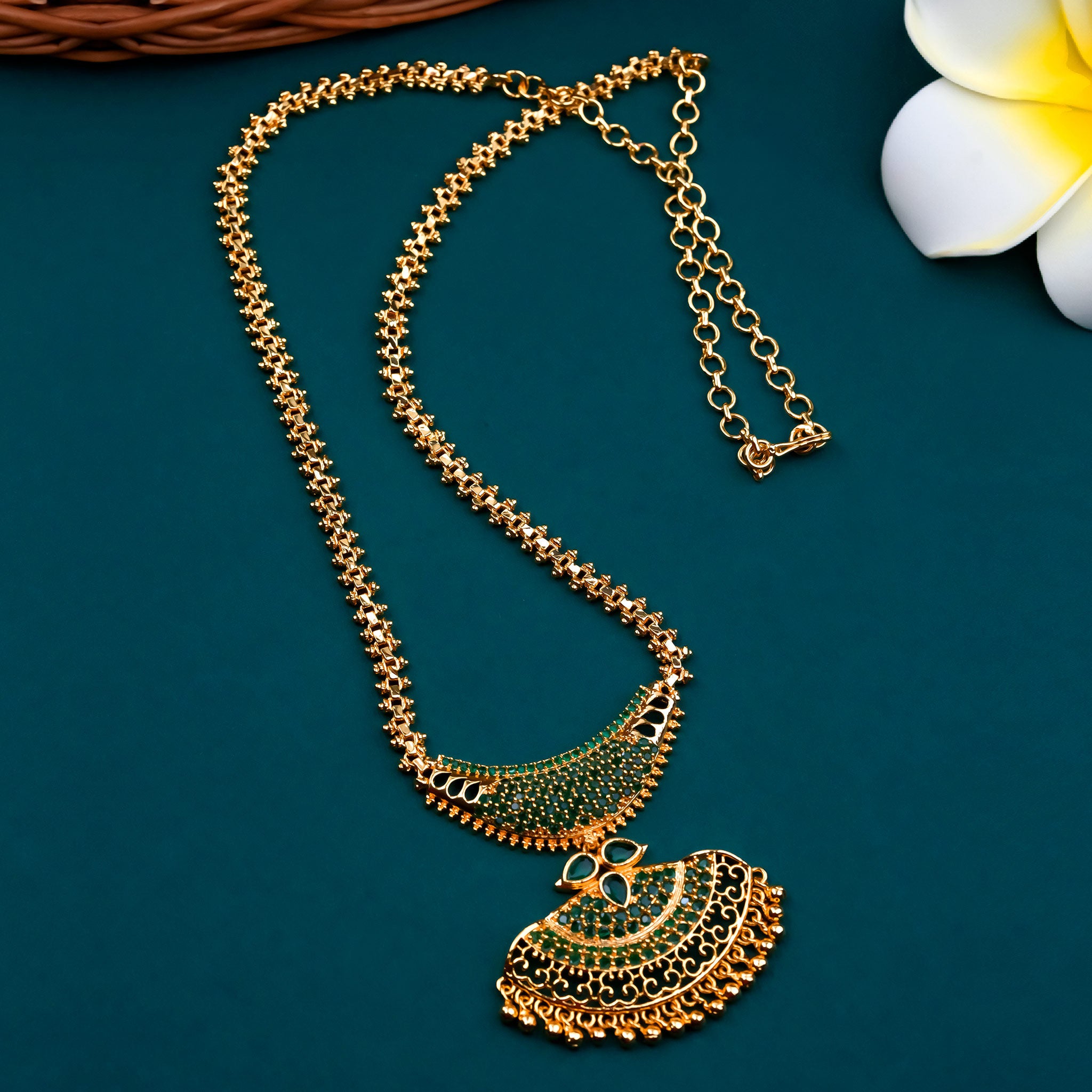 Traditional Micro Gold Plated Long Pendant Gajiri Necklace with American Diamond Stones Latest Trendy Kerala Style