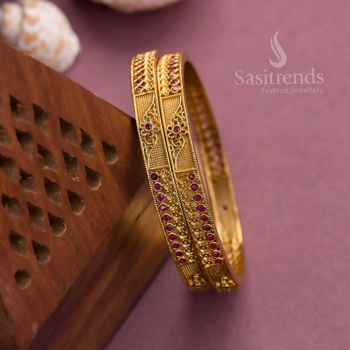 Beautiful Matte gold plated Ruby stone Bangles for traditional wear - Sasitrends