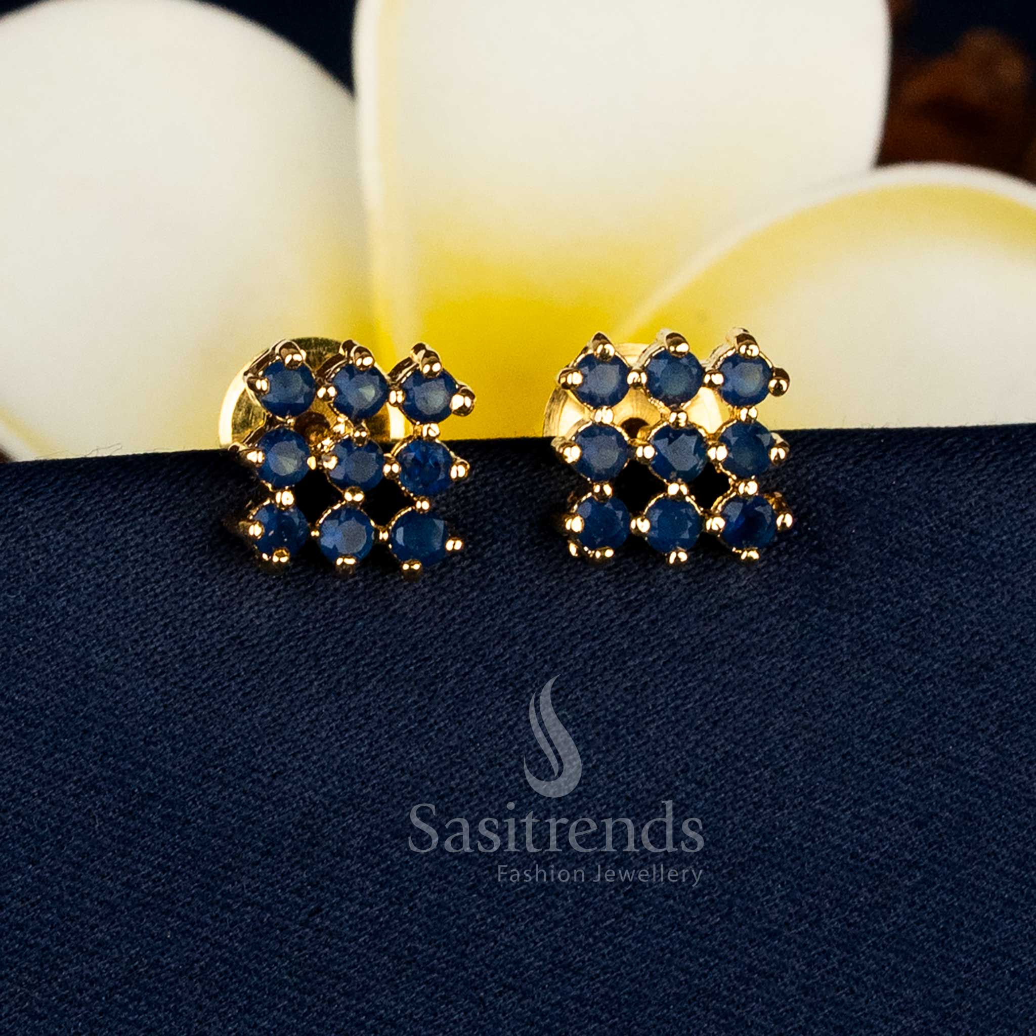 Amazing micro gold plated square earrings adorned with blue AD stones and luxe accents, ideal for temple gatherings and cultural wear – Sasitrends