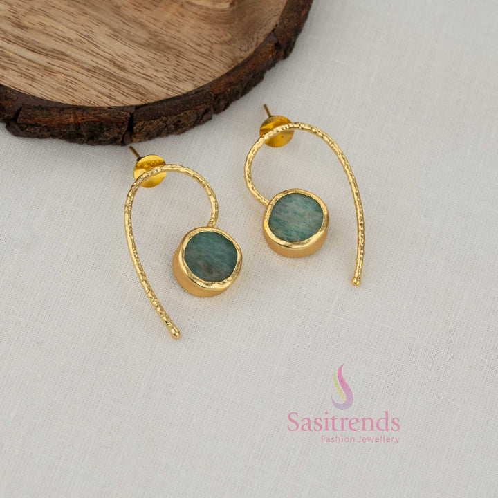 Fresh mint stone accented hammered U shape open circlet earrings in gold plated finish designed for youthful college styling and modern daily fashion - Sasitrends
